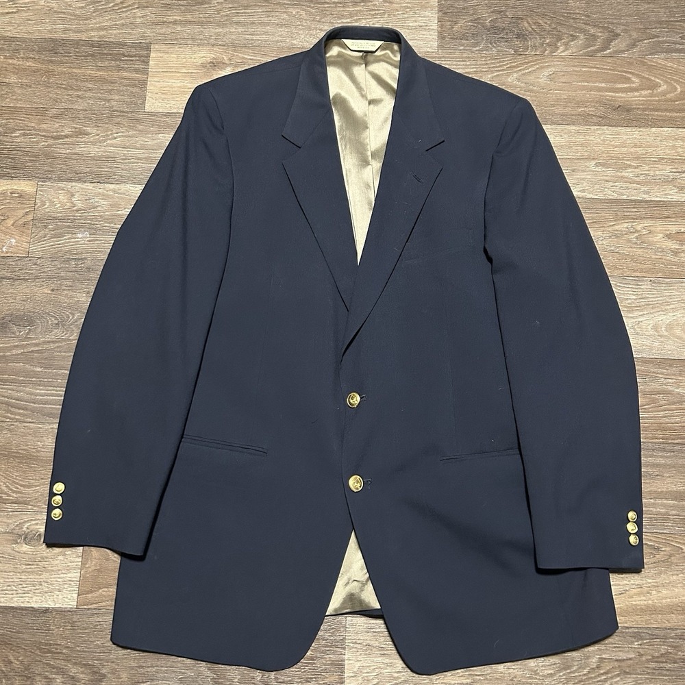 Palm Beach Blazer Mens 46L Navy Blue Wool Gold Crest Button Big&Tall Sport Coat